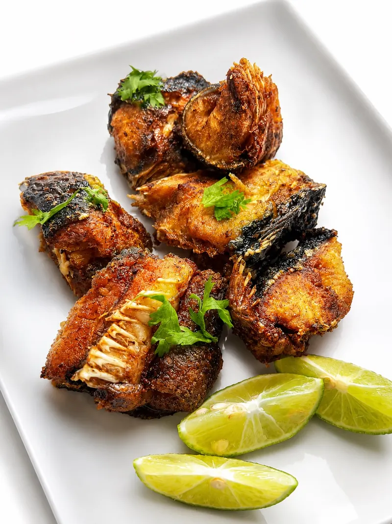 Fried fish pieces with lime on a white plate