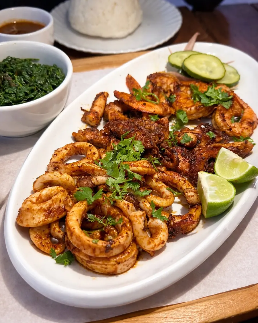 Calamari, prawns and octopus on a white platter, with ugali and greens on the side